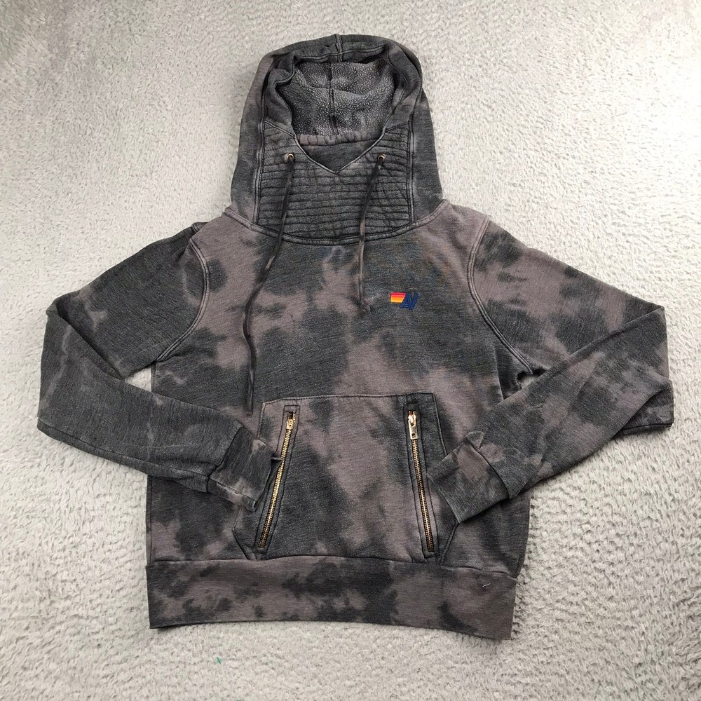 Aviator Nation Pullover Hoodie Women XS Gray Tie Dye High Neck Zipper Pocket